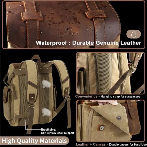Camera Backpack, DSLR/SLR/Mirrorless Photography Camera Bag Waterproof Leather - Picture 5 of 8
